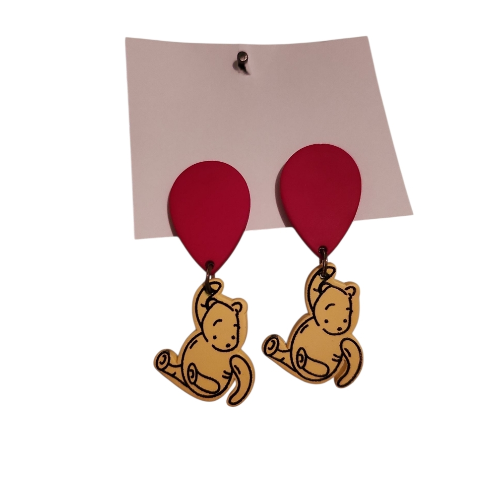 Vintage Winnie The Pooh Red Balloon Dangle Earrings